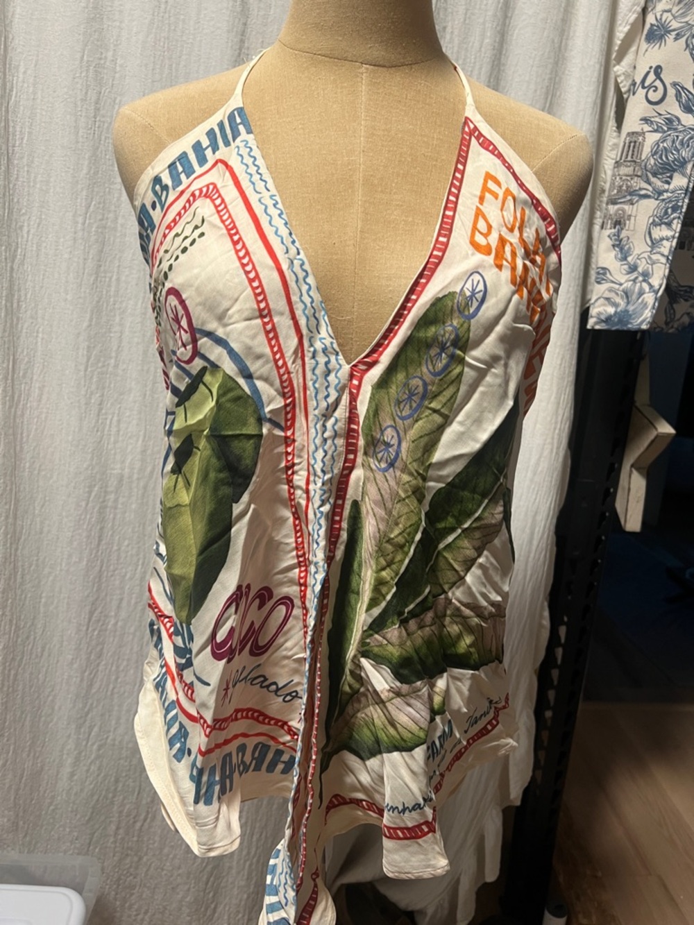 FARM Rio Cream Halter Scarf Top with Green Leaf & Multicolor Trim